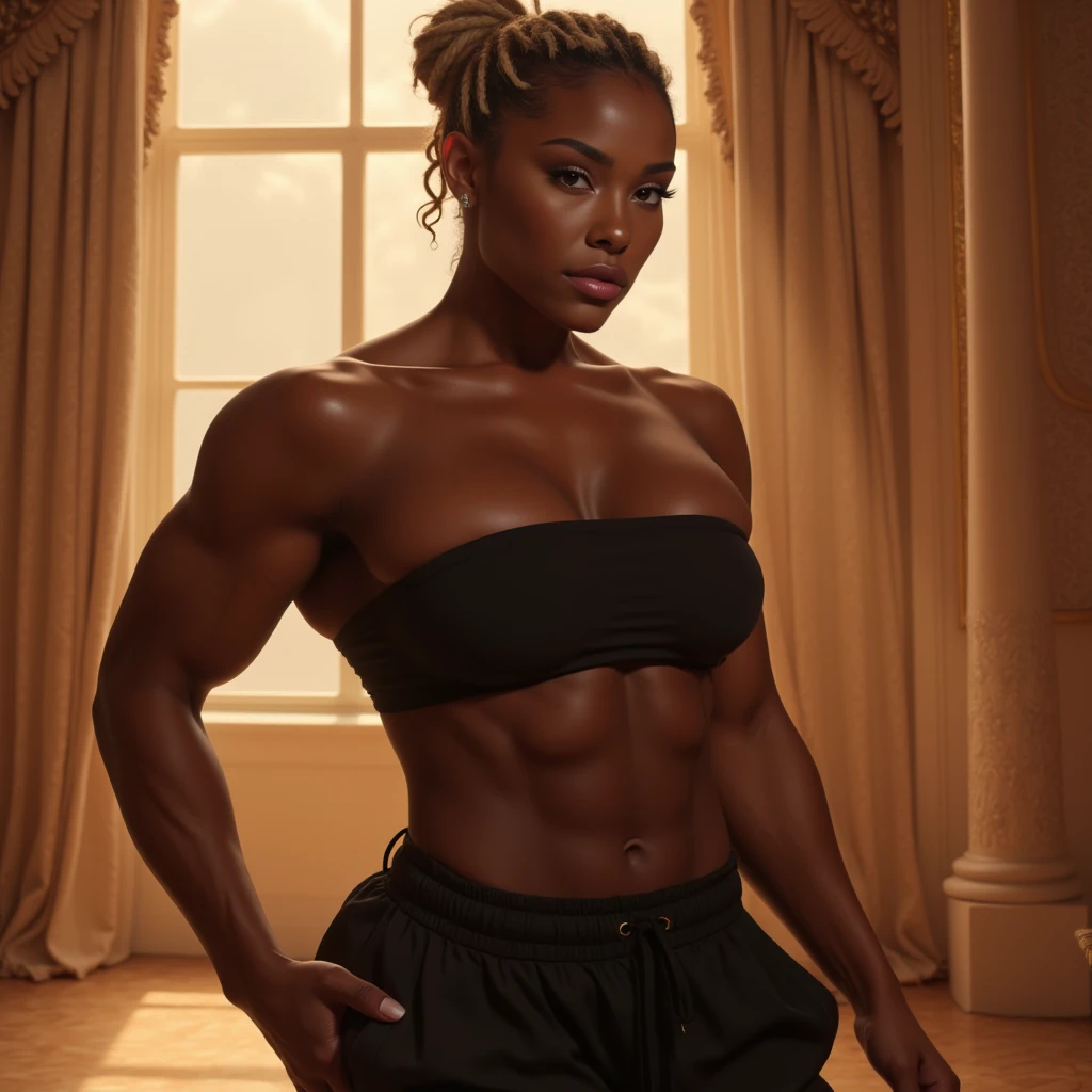 5 year old ??? girl, heavenly beautiful powerful fit hardbodied ebony white skin Fitness Model, perfect face, perfect lips, perfect eyes, muscular body, flexes her many hard stunning muscles, impeccably clothed in a carefully tailored black power suit, waering a corsage, augmented by a dazzling display of high-priced jewelry, posing sexy seductive powerful and masterfully in front of a vintage leather armchair, large Cuban cigar gripped confidently in manicured hand, face bathing in the glow of flattering light, UHD, digital photo, high resolution, radiant lighting. god rays,