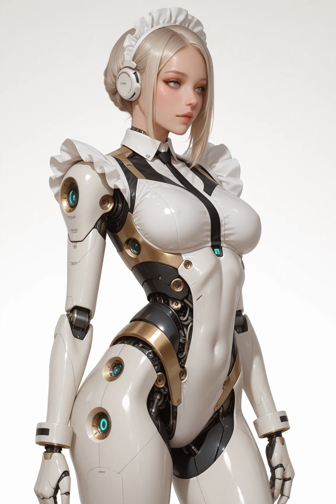 Very cute human 8 girl face, doll-like body with robot arm, robot waist and legs, very cute and feminine, short, , small, full hip, medium bust, tight-fitting white armor, cleavage, flat belly visible, helmet with antenna, robot joint, very stylish, Black rubber bodysuit with zipper