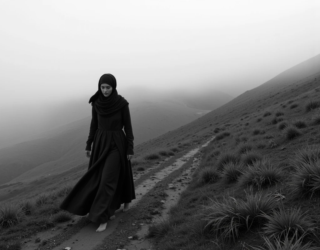 Please create a simple digital art where a Muslim girl is standing in the middle of the road to cross a path. Please provide a philosophical view and make sure there is a meaning behind it, no color please 