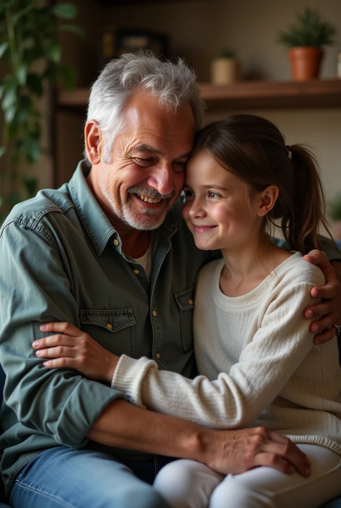 (father and daughter), 40 year old father, hair grey, and your hot daughter sitting on your lap, looking at the camera