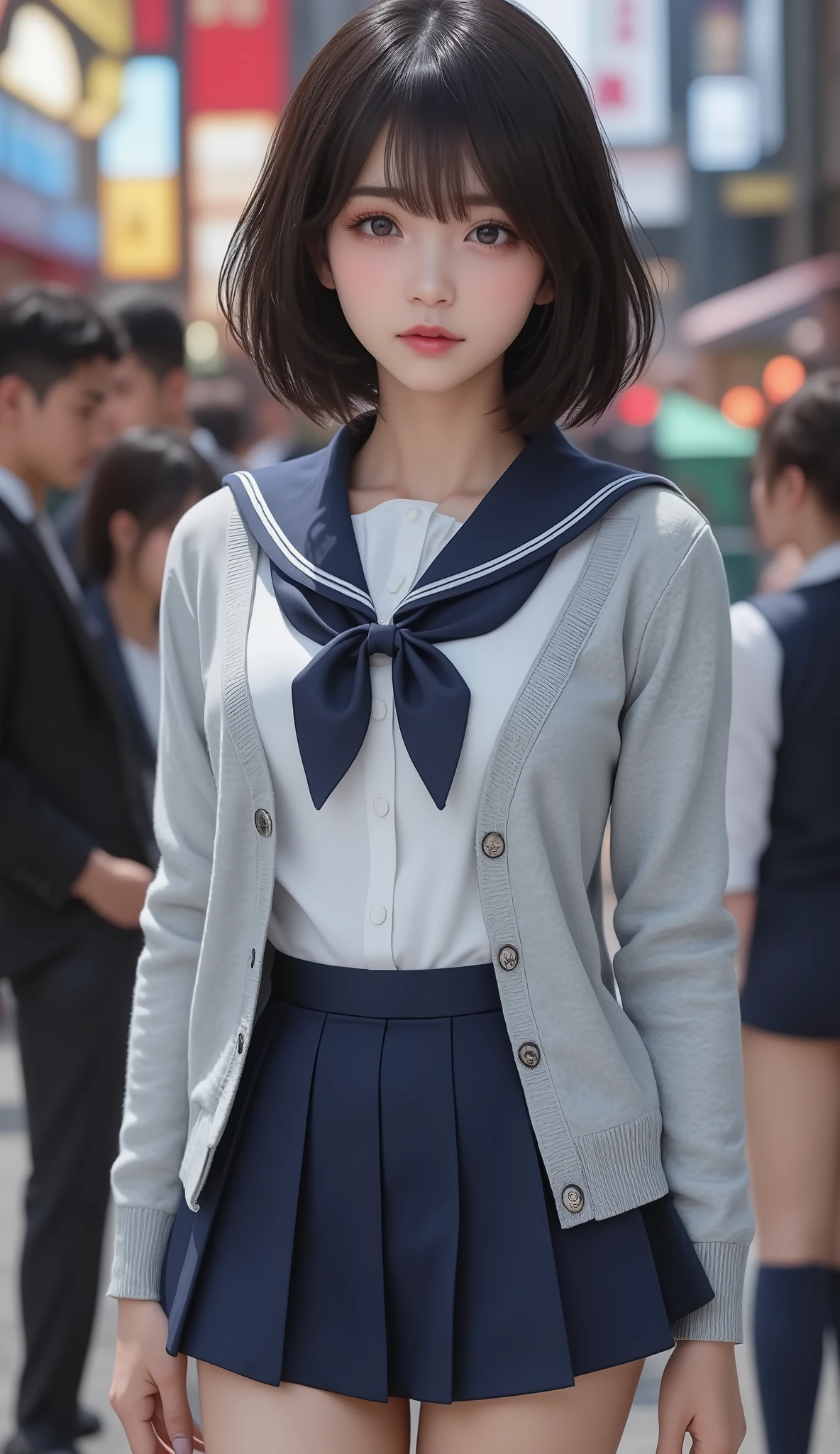 8k,Ultra High Definition , Highest Quality, masterpiece,rule of thirds,golden ratio,surreal,pictures, One woman,( girl:1.3),cute,cute顔, Beautiful Eyes in Every Detail , 細かくdetails,mature women who are rebellious to me,Full body,black hair,Short Wavy bob,ID photo, luxurious and beautiful ,(The famous Japanese idol girl),非常にdetailsな, 美しいlikeいアジア人女性の超写実的なデジタルイラスト, fully visible from head to foot in the frame,elegant makeup,She is wearing a traditional Japanese schoolgirl uniform,She is wearing a white blouse with a sailor collar, knee-length navy blue pleated skirt,appropriate ribbon tie,Light Grey Button-Up Cardigan,like々exudes vibrancy and charm,Also Wears Navy Blue High Socks and Shiny Black Shoes, complete a classic school uniform,miniskirt,wears a sailor-style Japanese school uniform,wearing a beige blouse, Navy blue neck and details, Pair it with a black pleated skirt,The blouse fits my body,Japanese cityscape,Urban area,(((smile))),Loafers,Very Delicate Expression, depicting delicate eyes,健康的な体型, ((Female 1)), height 160cm ,( thin waist:1.4)、( Beautiful :1.4), pink lips,Profile ,((( ideal figure))),Small A Cup Bust :2, portraits:2、 perfect anatomy 、鮮明な details、 details,thin lips,Perfect and beautiful face  ,完璧でcute顔, Meticulous Skin , perfect limb that wraps around the body,thin waist, surreal,Light and Dark,fashion magazine cover,stage lights