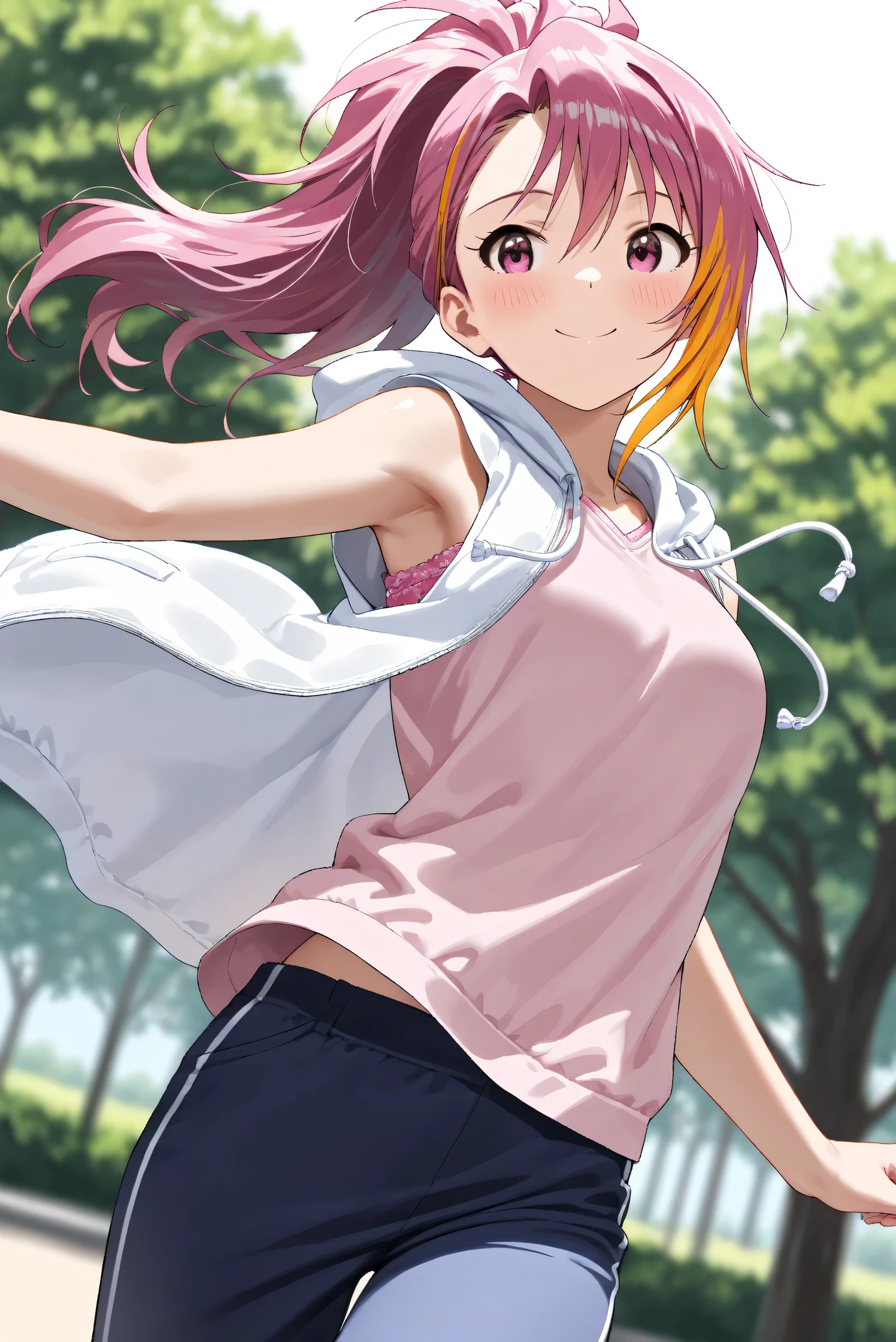 (8K, top-quality, masterpiece:1.2), (reallistic, Photorealsitic:1.37), Super Detail, One girl,), (Highly detailed), (beautifully detailed eyes), (of the highest quality), (super detailed ), (masterpiece), (Detailed face),20yr old, ,1 girl, ((pink hair,long hair)), medium breasts, clothed, Perfect Lighting, BREAK, (bright lemon yellow t-shirt:1.3), (small floral print:1.1), (striped linen shorts:1.2), (lightweight cotton fabric:1.1), (rolled-up sleeves:1.1), (cuffed hems:1.1), (white ankle socks:1.1), (white sneakers:1.1), (delicate floral earrings:1.1), (thin gold bracelet:1.1), BRAKE, (upper body to thighs:1.1), (long pink hair:1.1), (waves:1.1), (smiling:1.1), (facing forward:1.1), (looking slightly away:1.1), (hands on head:1.1), (one foot forward:1.1), (summer park:1.1), (soft lighting:1.1), BRAKE (sweat:1.5), (steam:1.2), (girl trembling with sexual climax:1.1), (looking at viewer:1.3),