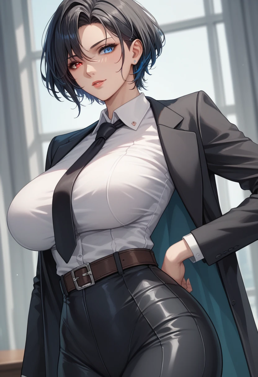 blue eyed girl, short black hair, glasses, with tits, detective suit, cigarette, looking to the right, pale skin