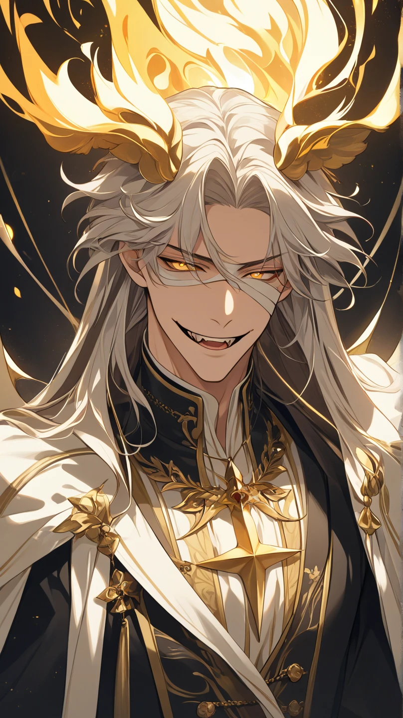Handsome, solo, 1 male, long hair, white hair, yelow eye, wearing a black shirt, black and white suit, sitting on a golden chair with extremely beautiful and majestic dragon-engraved details.