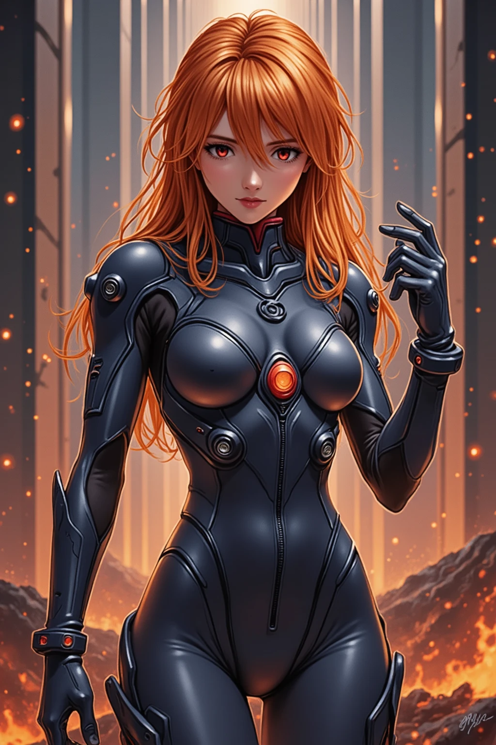 🌟:ultra-detailed anime artwork, dynamic lighting, realistic rendering of textures, side view.
🌌:which is in a mix of futuristic and magical surroundings, shimmering energy effects in the background, tiefdunkle, atmospheric colors .
😈:a young woman with fiery red hair and a confident look, wears a tight-fitting combat suit and skirt, that combines futuristic and magical elements and accentuates her figure.
🔥:She stands in a powerful pose, one hand slightly raised, as if she were controlling magic or technology, ein intensiver, challenging expression lies on her face, radiates power and sensual strength.
💋:Ein ultra-detailed anime artwork einer rothaarigen Frau in einem figurbetonten Kampfanzug mit rock, which stands in a mix of futuristic and magical surroundings, a mixture of futuristic metal structures and floating magical runes.
