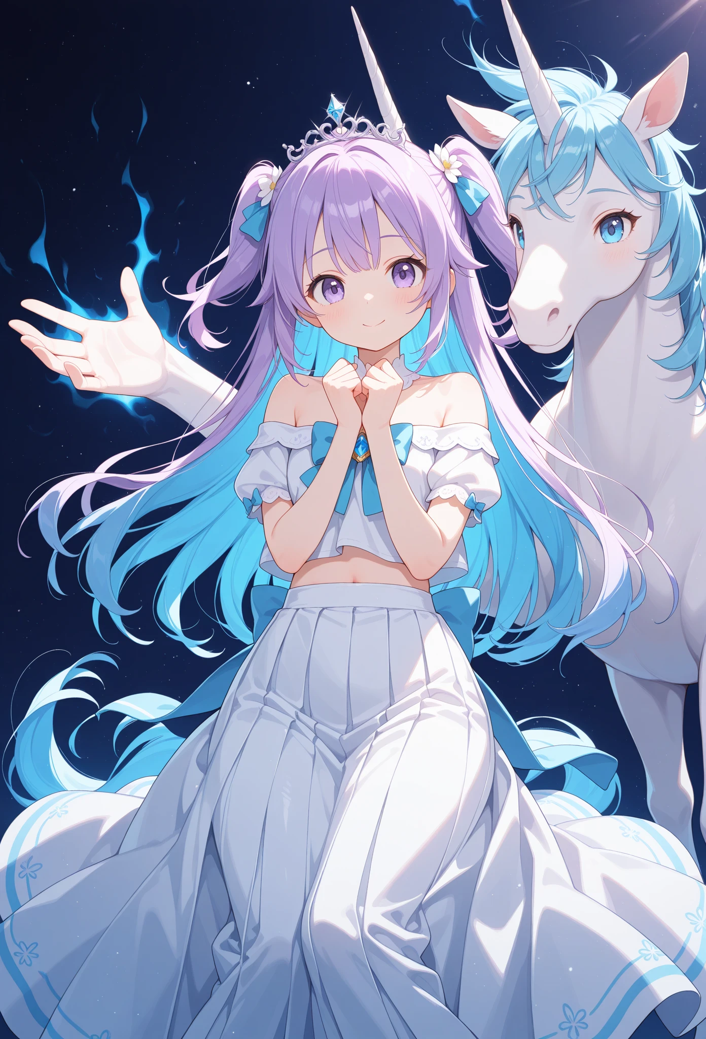 masterpiece, perfect face, perfect hands, high quality, Akina, unicorns, glowing aura, princess uniform, off-shoulder crop top, long skirt