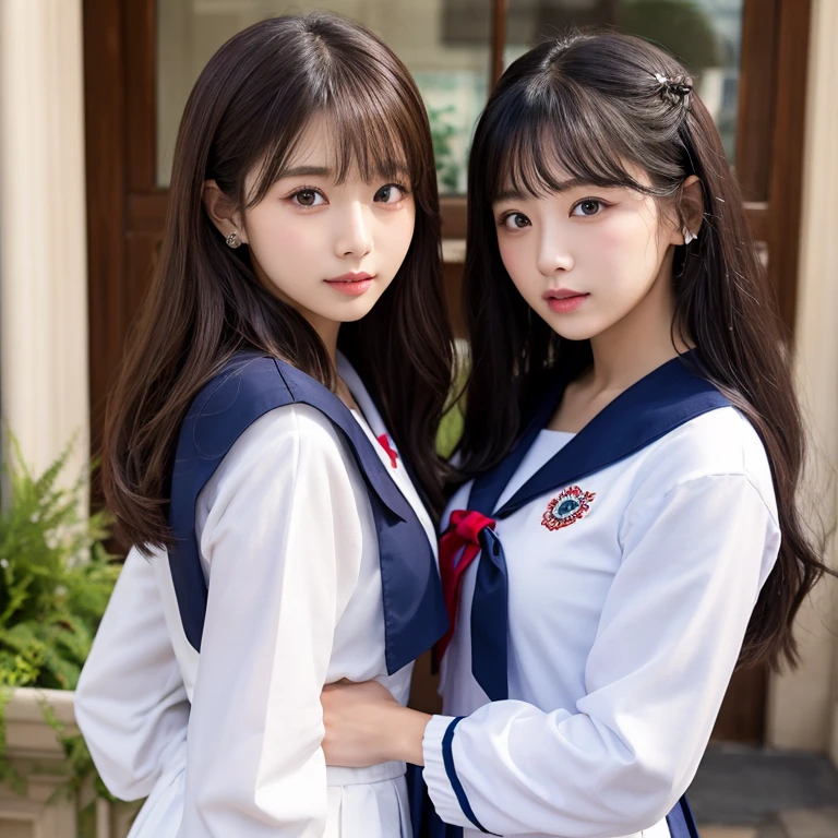 school hallway、Two beautiful girls、Same school uniform、Same sailor suit、17 age、Stunned expression、long skirt、Bun hair、(early evening)、(Sunset)、