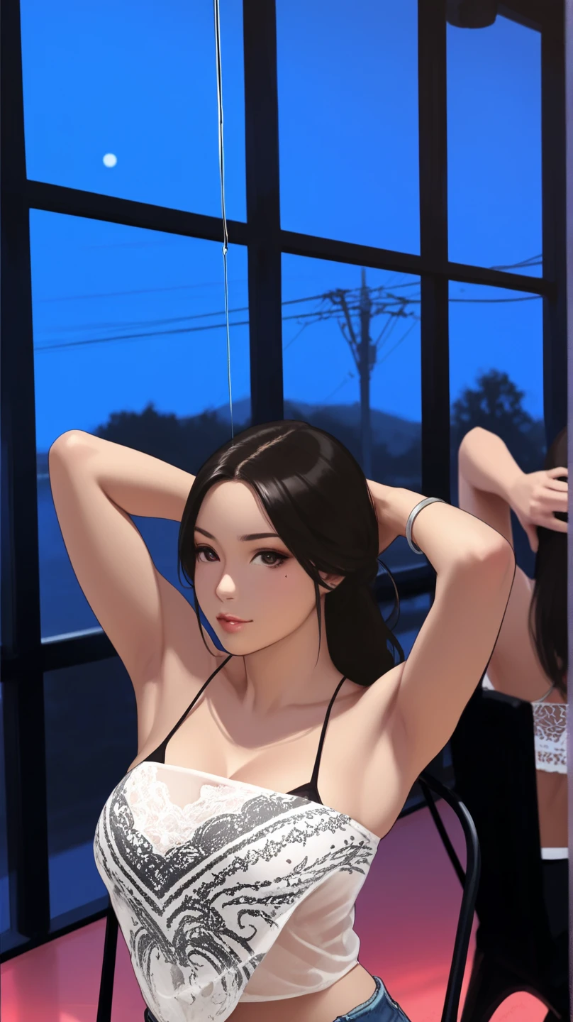 (best quality, 8K, 32k, Masterpiece, uhd:1.2), Photo of beautiful Japanese woman, big breasts, very short bob hair, upper body, face focus, oversized sweater, necklace, simple background, from above, looking towards the audience,