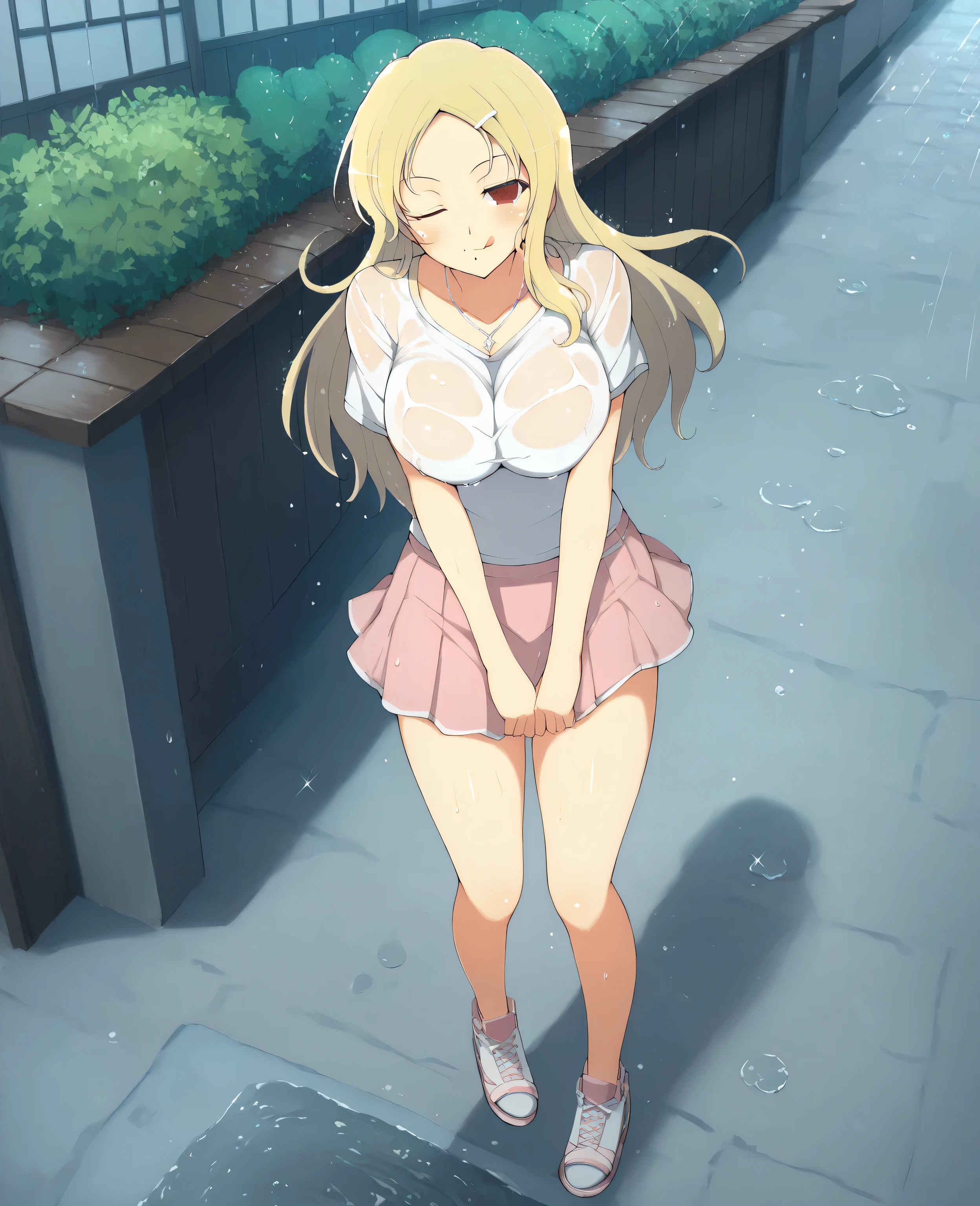 yaegashi nan, masterpiece , best quality, best resolution, highly detailed, Senran Kagura, Shiki_XL, blonde, long hair, red eyes, wink, blush, mole under mouth, smile, tongue, hairclip, large breasts, body blush, BREAK, sandals, white t-shirt, pink mini skirt, white big sneakers, necklace, empty garden, rain, wet clothes, standing, sexy pose, BREAK, looking viewer 