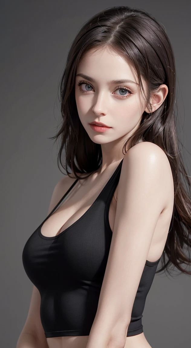 8K, Top Quality, Intricate Details, Ultra Detail, Ultra High Resolution, Masterpiece, close up shot, (full body: 1.1), Slender, Smile, (Makeup: 0.4), (Fluffy Blue Eyes: 1.21), ((full body)), 1girl, solo, 1 girl, (( full body)), close up shot, , ((tall)), (((fit body))), (((slim face))), sharp face, (( black hair,  ))  (detailed face), sharp face, small lips, casual pose,
 ((open black crop top)),  detailed face, detailed breast, , large breast, detail ass, , Beautiful girl with accentuated slender abs: 1.4, Six Pack Abs: 1.4, Bust Botox, Big, Perfect Body, detail leg, (( dark background)), black background,