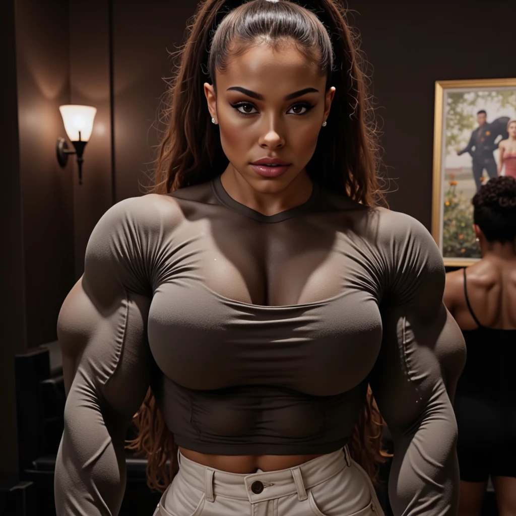 (Muscular:1.5), (thick thighs:1.5), (large round breasts:1.5), (large muscular chest and shoulders:1.4), FEMALE, brown hair, long brown hair, (big smile:1.6), (wearing a tight shirt and leggings:1.5), looking at viewer, (three quarter view:1.2), upper body view, (mall:1.5), dark lighting, detailed skin, detailed eyes, (dark skin:1.4), (very thin waist:1.6), (huge round muscles:1.5),