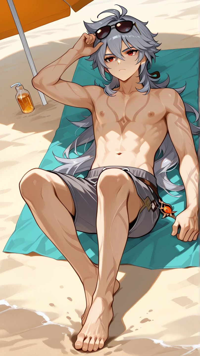 A muscular handsome blue haired man with silver eyes with long hair in swim trunks is sitting by a bonfire at the beach with a big grin