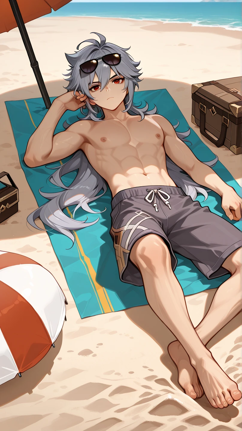 A young white haired man with red eyes in a swim trunks is picnicking at the beach