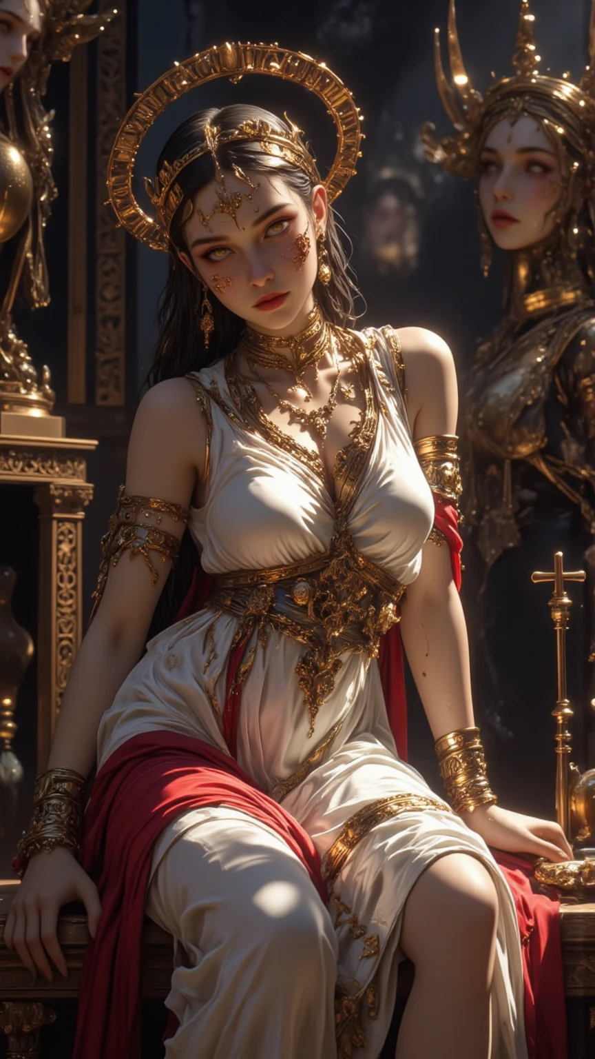 ((8k)),((Ultra Realistic))((Photo Realistic)),((HDR)),((Intricately Detailed Portrait)),((Detailed Fingers)) ((Solo Pic))((High Quality)).((Fine Quality))
(( INDIAN WOMAN)). Perfect Skin. Slender hourglass Body. Round . Deep cleavage. Diamond Face. Sharp Jawline. Almond Eyes. Supple Lips . Peachy Butt. Perfectly Toned Body, Brunette , Random Messy Hairstyles. Wet Body. Gracious Looks . Enticing Smile.
Decorated Silk Slit Ao Dai. . Oversized Cardigan. Viewed from low angle Viewpoint. Regal Persian Background. Embedded Diamonds.
Nonchalantly Posing. Dynamic Views. Dynamic Angles. Dynamic poses. Glaring at Camera. Accentuated Curves. Arched Pose. Classic Hairstyles. Bokeh. Focus. Nonchalantly Posing. Sexual. Sexy. Hot. Enticing. Glamorous. Bokeh. Overexposed lighting.
Octane Render