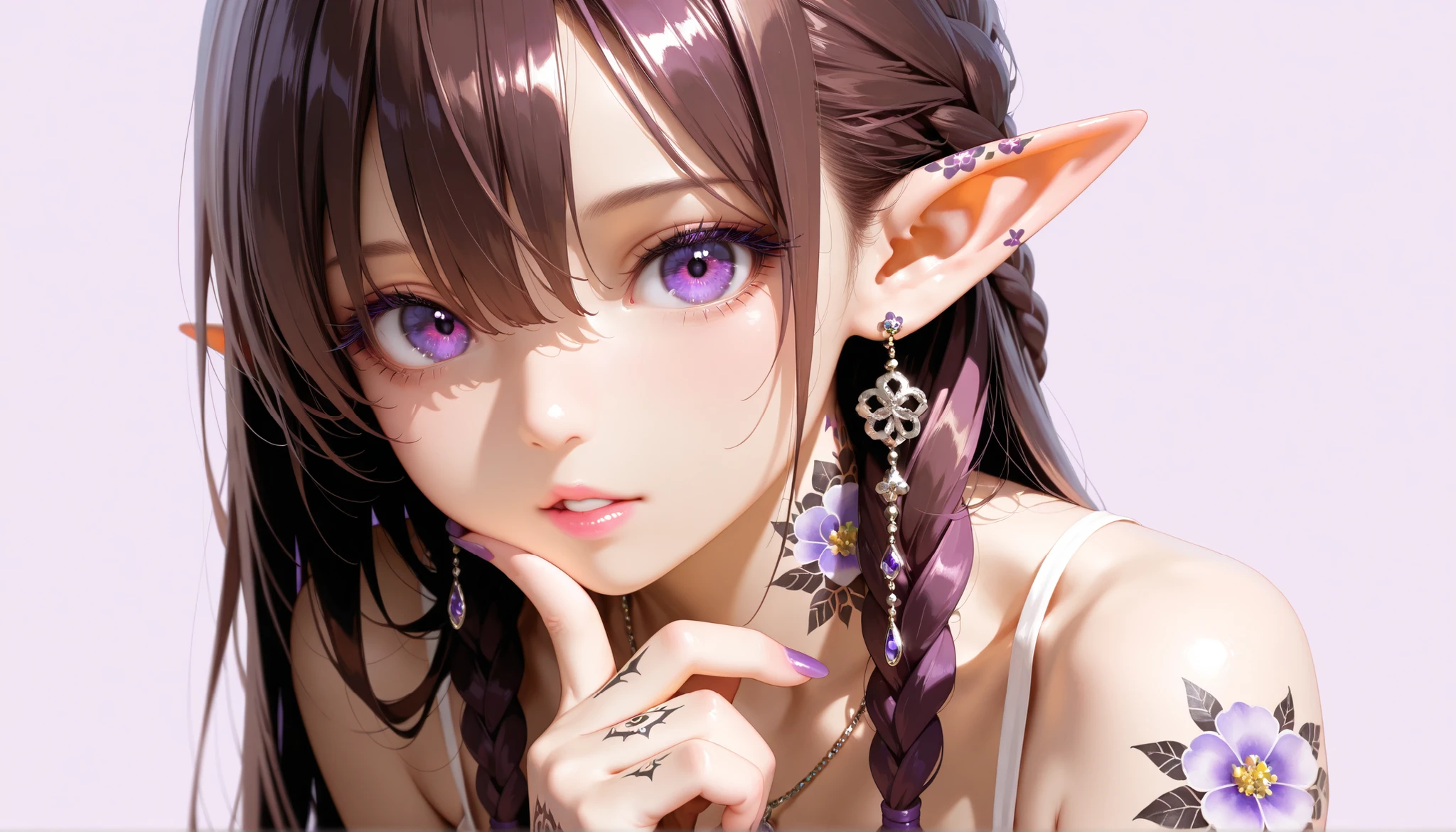 masterpiece,best quality,ultra high res,photorealistic,8K UHD,hyper-detailed,depth of field,solo,1girl,looking at viewer,bangs,Brown hair,long hair,braids,hair between eyes,elf ears,pastel purple background,simple background,purple eyes,thick eyelashes,soft gaze,parted lips,pink lips,jewelry,earrings,necklace,arm tattoo,neck tattoo,hand tattoo,flower tattoo,spot color,summer dress,bare shoulders,detailed fabric folds,elegant posture,hand up,purple nails,finger on chin,neutral color palette,