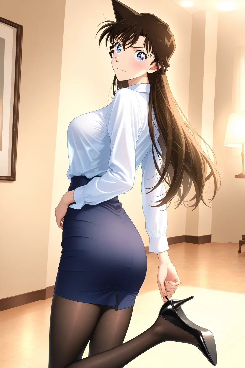 (Tabletop, highest quality, High resolution, , Pixel Perfect, 4K,), 1 girl, single, alone, Beautiful woman、I could see the whole body、 ((Wavy mid-length hair, bangs, Brown Hair)), ((Brown eyes, Beautiful eyelashes, Realistic eyes)), ((Detailed face, blush:1.2)), ((Smooth texture:0.75, Realistic texture:0.65, Realistic:1.1, Anime CG Style)), Center of chest, Dynamic Angle, Perfect body, ((, female teacher, , Earrings、necklace、Light beige open neck sweater、Long flared skirt in dark blue、Black knee-high stockings、Looking Back、Please lift up your skirt and show me your pants.、A shy smile、Put your hands behind your back、Leaning forward、)), look up、、(、Pink lace panties、、Angle from below)、