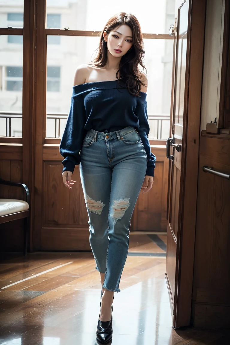 Extremely beautiful woman standing in a room with her arms crossed, wearing a dark shirt and jeans, wearing a shirt and a jean, wearing double denim, inspired by Jean Hey, wearing jeans, jeans and t shirt, full body picture, baggy jeans, wearing elegant casual clothes, women full body, full body full height, wearing denim, casual modern clothing