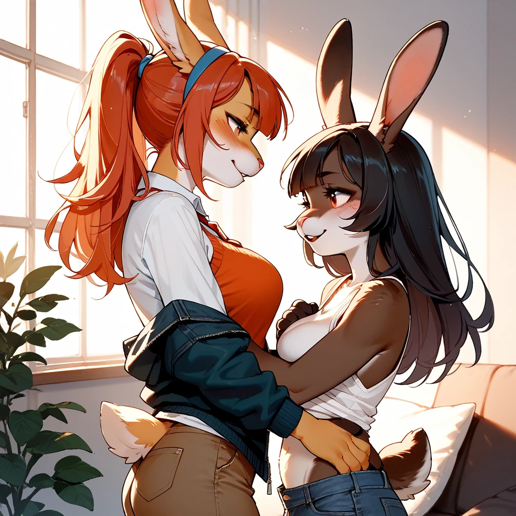 female, cat, orange fur, black short messy hair, green eyes, french kissing, making love, hugging, holding, rubbing, humping, yuri, lesbian, nude, naked, no clothes, lovers, laying down, laying ontop, wet fur, cumming, in locker room, at school, small breasts, thin body, curved thighs, detailed body, detailed vagina, high quality, masterpiece,