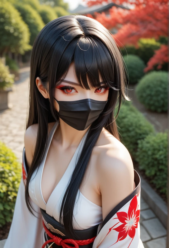 Kimetsu no yaiba Demon Slayer Sex: feminine hair: Long wavy with fringe and bangs and red and black face: Angelica and Thin and Firm Eyes: Reddish with black Facial harmony Clothing: Hunter uniform with a red haori with black checks Faccion: Serious Accessories: Katana and with a single pendant from Hanafuda Lugar: A forest Details:with a mask in his hand Action:just taking off the mask Mascara:white color with red and blue decoration

