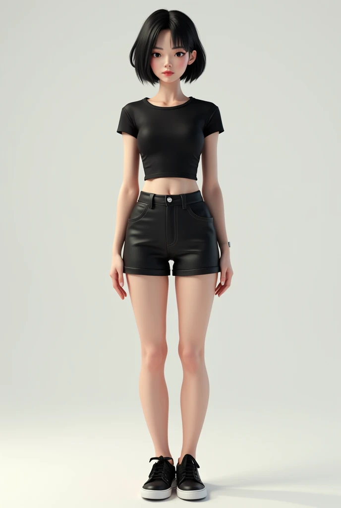 A beautiful girl barefoot 13 years old strong brownish white toenail polish on the foot with ankle band hyperrealistic style man sees the whole body she is standing white toenail polish sporty black dressed