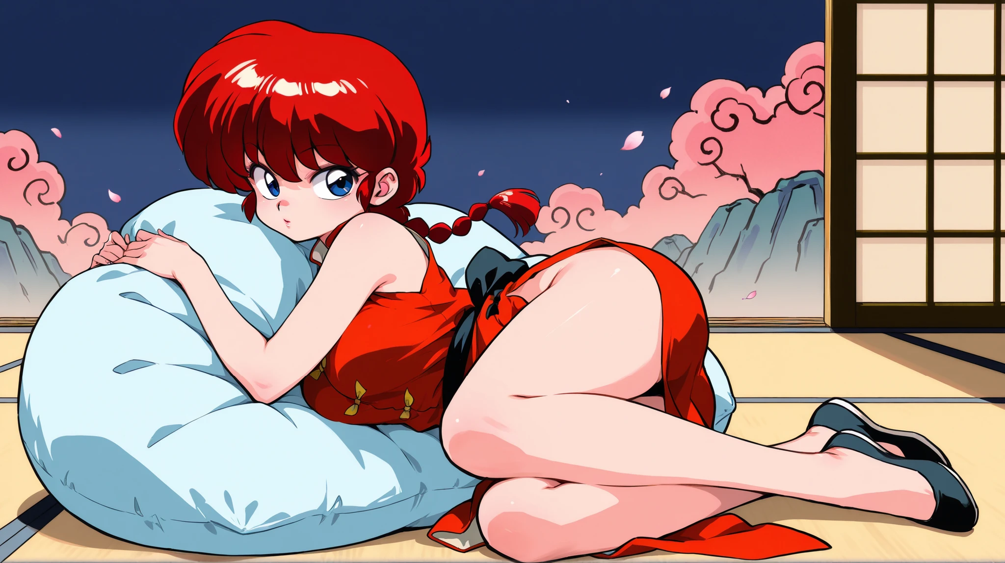 1 girl only, Ranma woman, dressed in her characteristic clothes, seductive look, full body hugging