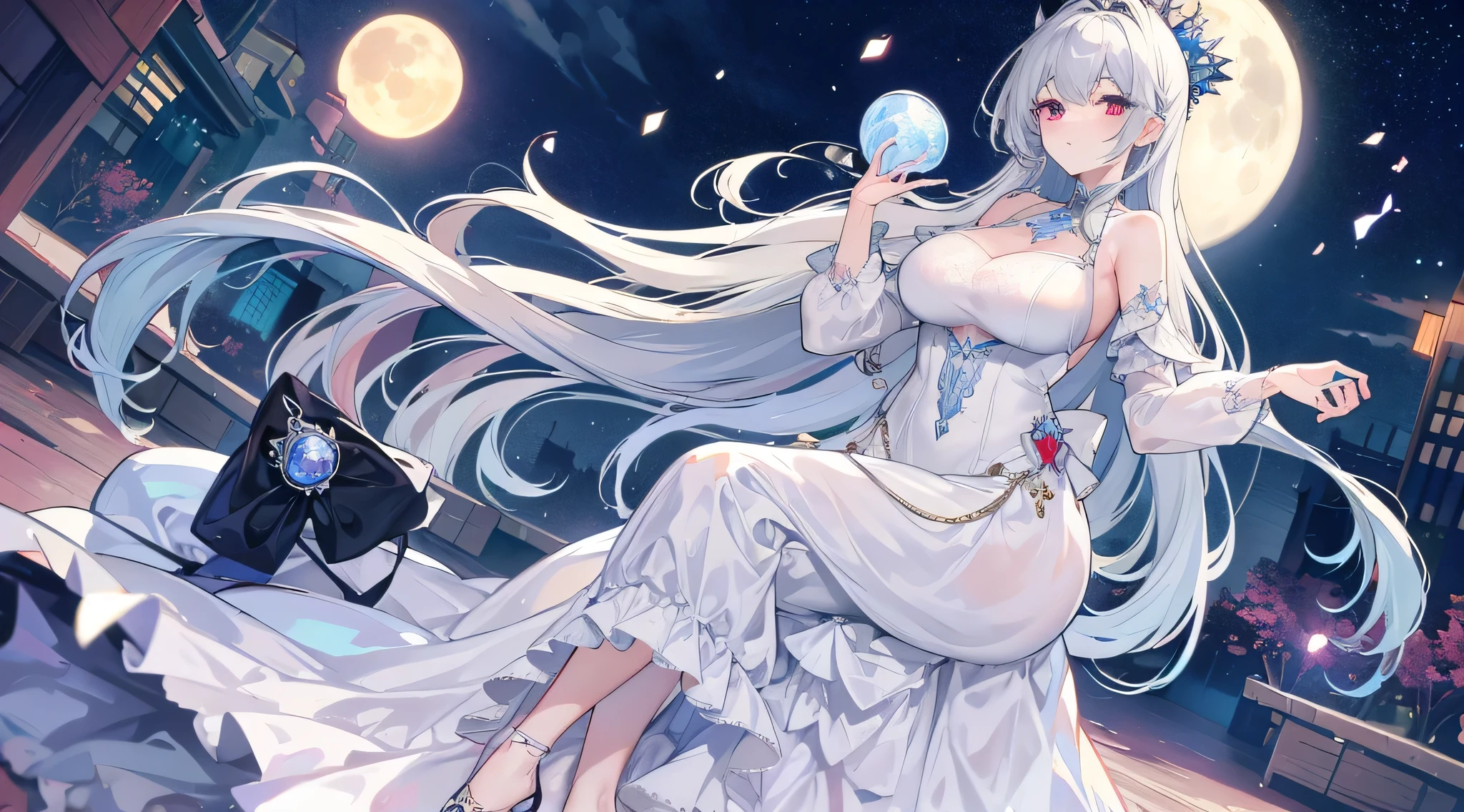 masterpiece, (best quality: 1.2), (Super Fine: 1.2), illustration, (Extremely refined: 1.2), Film Angle, floating, (Beautiful eye for detail: 1.1), (Detail Light: 1.1), Movie Light, Exquisite sky, Miss, White hair, blue eyes, (High Ponytail: 1.1), cloak, Glowing eyes, (moon: 1.2), (moonlight: 1.1), Starry Sky, (Light Particles: 1.1), FOG , Snow painting, sketch, bloom