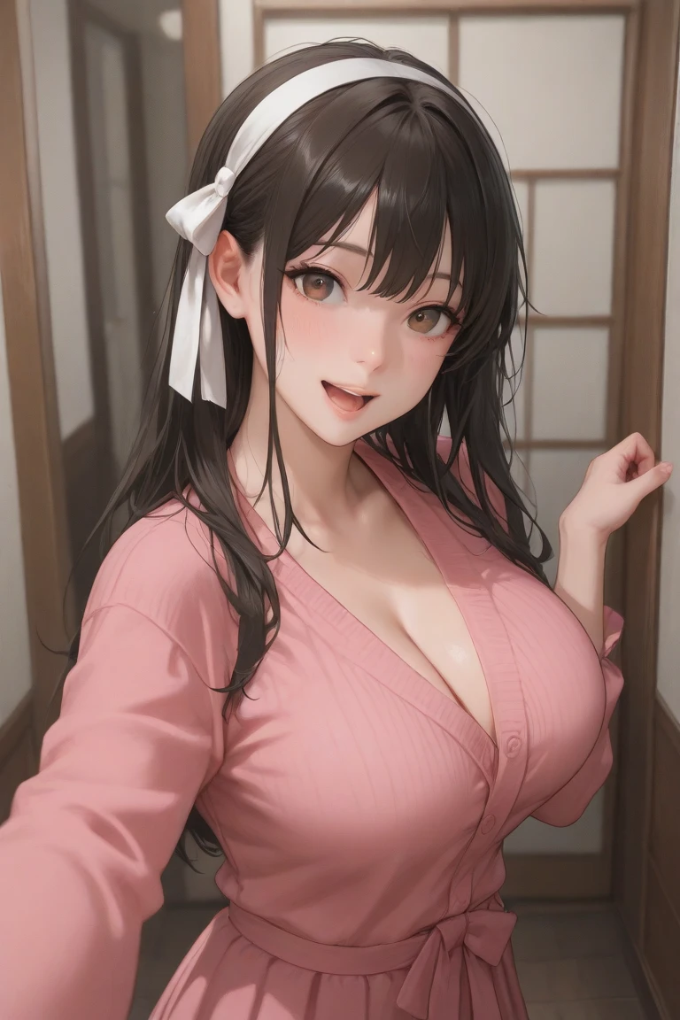 girl,My wife,long wet ponytail brown hair,diamods hair ornaments,he tall,sexy pose my wife,super big breast,(P cup),age 17,cheerfull,happy and smile detailed face,sexy long my wife clothes and long skirt outfit,full body,red peach lips,standing on home,her nose was red in home