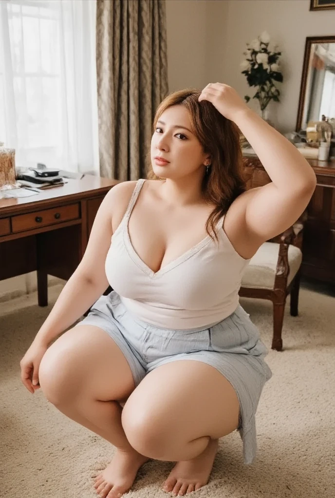 Perfect natural light、8K High Resolution、High resolution、Beautiful woman、masterpiece、Light hair color、Beautiful Mature Woman、camisole、Balcony、Spread your legs、A plump figure