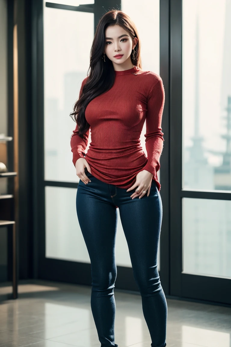 (best quality,4K,high resolution,masterpiece:1.2),Very detailed,Practical,photoPractical:1.37,portrait,beautiful eyes,Delicate lips,Strong gaze,Beautiful figure,Curved hips,Slim waist,Wide hips,Red Racing,Red shirt and jeans,Alfa Romeo Ms...,Wear tight, Simple clothes,Kimi Bella,F1 driver Charles Leclerc,Red clothing with Ferrari logo,Tight clothing,Upright posture,Confident look,Radiant Skin,Heavy makeup,Bold Hairstyle,Stunning model-like features,Long legs,Stilettos,Thigh width,Elegant Posture,Charming,Photo shooting settings,Studio Lighting,High contrast,Rich colors,Sexy atmosphere,emotional atmosphere.