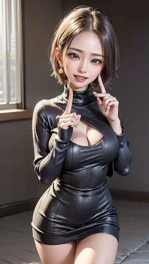 Black Enamel Bodycon、Bob Hair、red lipsticks、a miniskirt、Full smile、Kick
