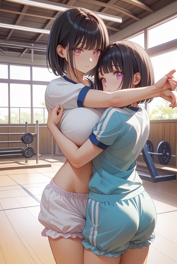 (masterpiece, best quality, ultra-detailed, best shadow), (detailed background), (beautiful detailed face, beautiful detailed eyes), high contrast, (best illumination, an extremely delicate and beautiful), colorful, (2girls:1.2), cute girls, (hug, symmetrical docking, breast press:1.4), crushed breasts, (eye contact, looking at another:1.5), cowboy shot, classroom, long hair, black hair, (gym clothes, white shirt, short sleeves, blue shorts, black thighhighs:1.3), large breasts