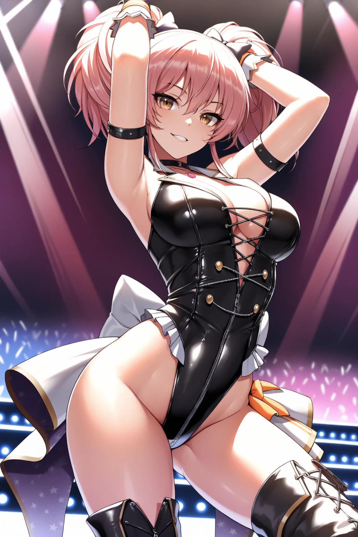 Adult women、Accurate number of fingers、Exact number of legs、Exact number of arms、Bangs, Ribbon Ponytail, brown hair, (blush:1), (Put one hand in your underwear:1.8), fingering, (cat juice:1.2), cum in mouth, (A woman holding a microphone ready to sing:1.5)、White and Navy Idol Outfit、The outfit includes a navy blue Icon style corset., There is a ribbon on the collar of that costume.、Clothing covers shoulders, side, upper arm, and weapons., This costume only opens at the chest.、high socks、White idol style skirt, (Exquisite and luxurious decorative lingerie:1.3), Ribbon at neckline, (White and pink，with lots of lace:1.3), white lace:1.2), Sexy Lingerie, raise your legs、 beautiful big breasts, (Erect nipples:1), The skirt was rolled up、best quality, High resolution, (Detailed and beautiful eyes:1.6), Very rich facial details, perfect lighting, Very detailed CG, (perfect hands, perfect anatomy),Embarrassed expression、The expression of not wanting to go to the toilet, (Sexual pleasure expression:1.4), (expression of pain:1.2)、Close your eyes、sexy look、look up、mouth half open、、(live stage、many viewers:1.3)、Spring all over the body、(There is a black spot on the lower right corner of the mouth）、medium bob hair、(masterpiece, best quality:1.2), 1 girl, alone,secretary,,on the table, sexy pose、(Nude with shiny black satin blazer:1.5),Cleavage incision,skirt lift,(Squat down，),Display Silk,best quality, digit, super detailed, finely, High resolution, 8k wallpaper, Perfect dynamic composition, Detailed and beautiful eyes, black satin dress,wear black clothes，(masterpiece, best quality:1.2), 1 girl, alone，Standing Splits