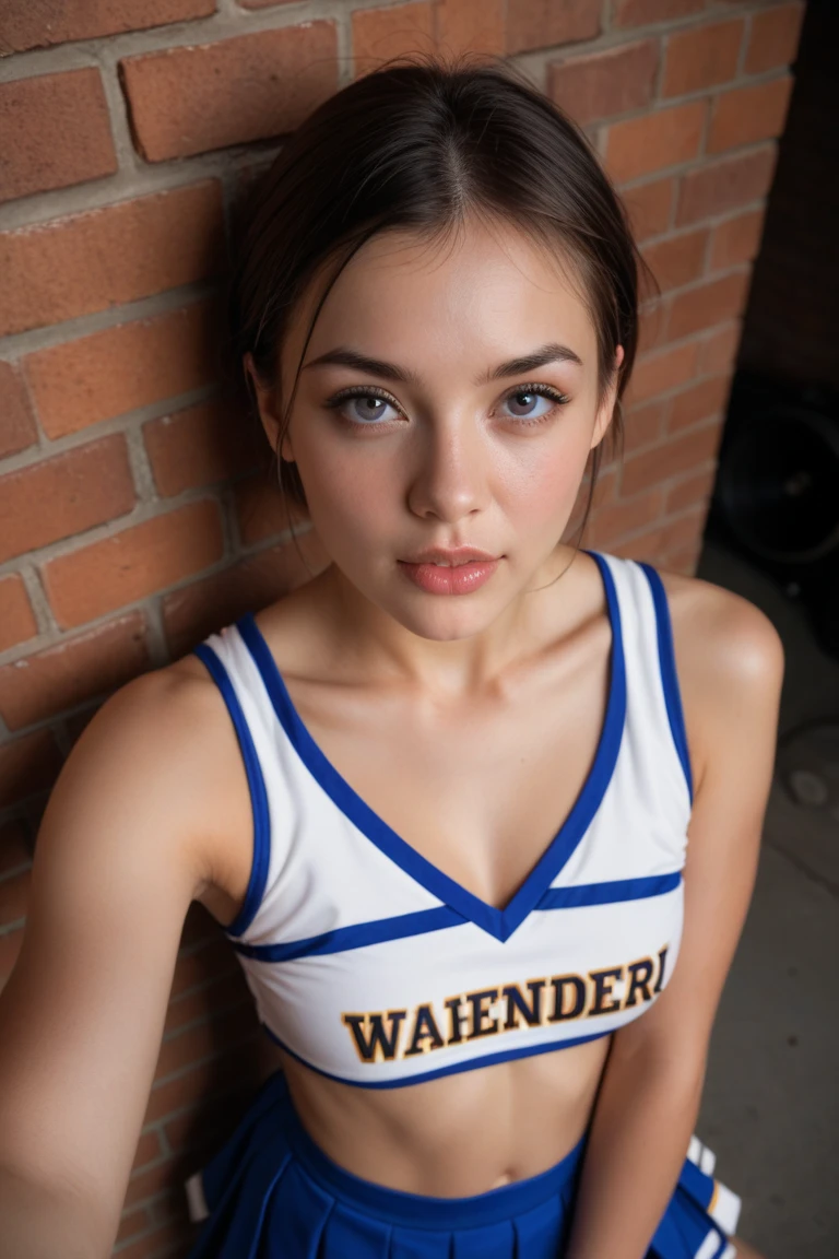 A 15-year-old cheerleader Pale skin and pink lips Huge breasts Short brown hair With a bow on her head Thin Blue eyes Her suit is blue and shows her abdomen
