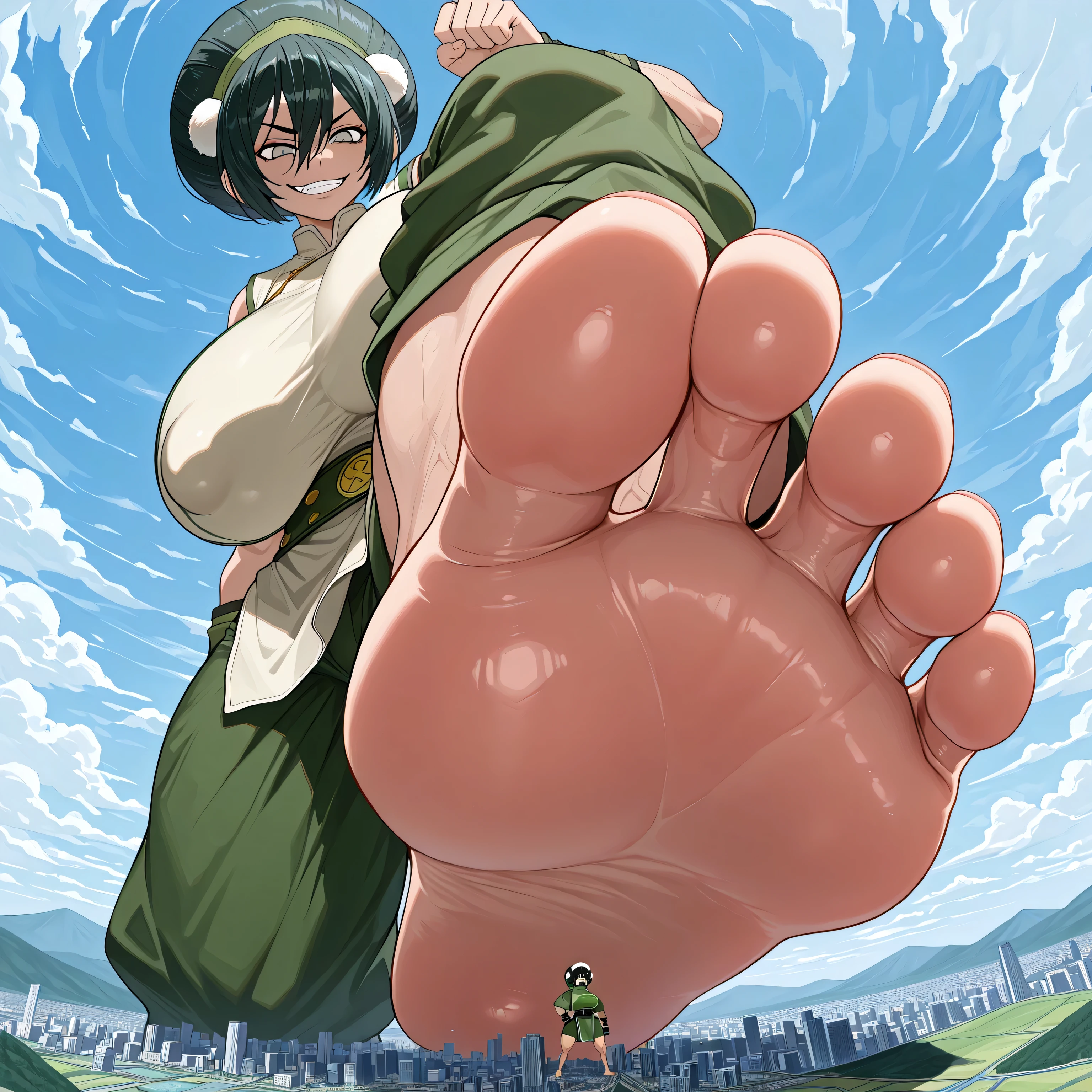 1 girl, Toph Beifong, giga giantess, black hair, grey eyes, ATLA, she is about to step on tiny earth kingdom city, hyper curvy , giant breasts, covered breasts, huge puffy nipples, goregous face, evil grin, massive amazon body, thicc, looming giant foot, barefoot, shes casting a shadow, manga style, line art, detailed background,