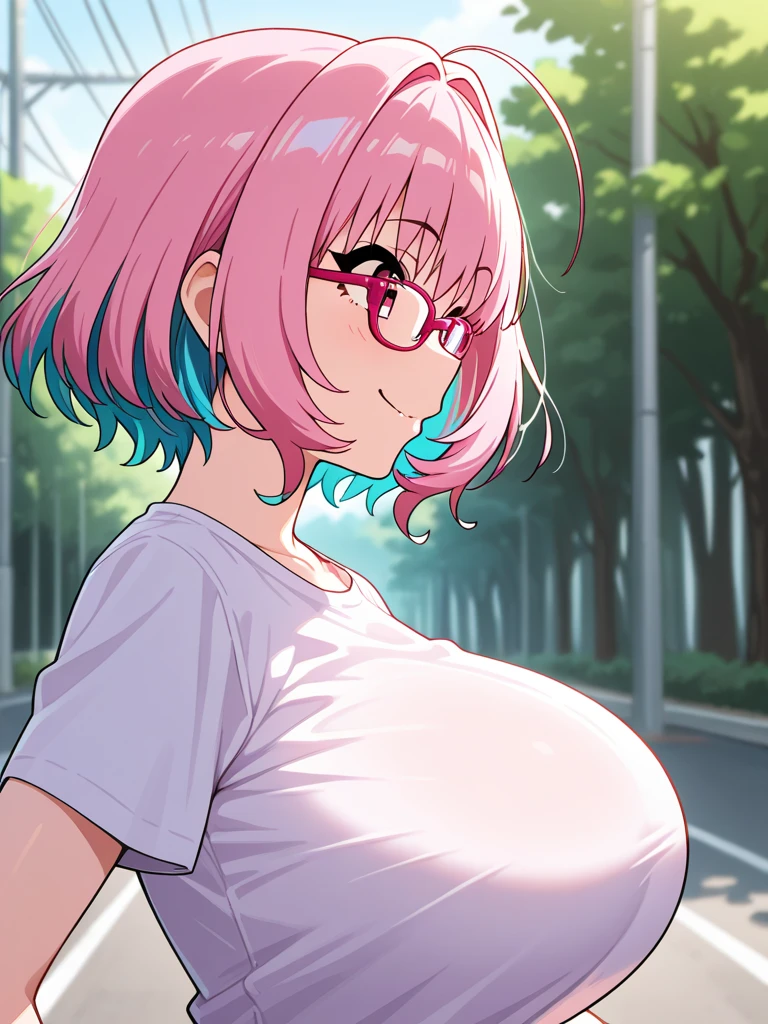 a beautiful anime girl with huge breasts, Mei Hatsume from My Hero Academia, highly detailed, 3D render, masterpiece, photorealistic, hyper realistic, extremely detailed, cinematic lighting, vivid colors, soft lighting, realistic textures, delicate features, elegant expression, dynamic pose, beautiful background scenery, nude