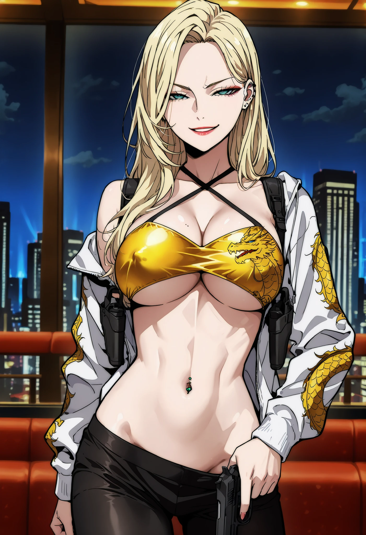 masterpiece, best quality, anime screencap, Shelly Scott, , ear piercing, long hair, , lipstick, Hot girl, baddie, , sensual, attractive ,pull_down leggings,(show
off panties,:1.2, no panties),seductive smile,, BREAK, 1girl, , sexy girl, , (fit body:1.1),(abs:0.8),
BREAK, dragon print black leggings, covered nipples,, shoulder holster,,open mouth, bikini top,
underboob,,, dragon print jacket, criss-cross halter ,bar background, inside bar,indoors,
cityscape, casino, nightclub, city lights,, (nsfw) not safe for work,, navel piercing , holding
pistol,medium large breast ,looking at viewer , dragon tattoo on waist, narrowed eyes, tattoo on
waist, anipai_style , anime screencap , anime coloring, v-shape eyebrows,