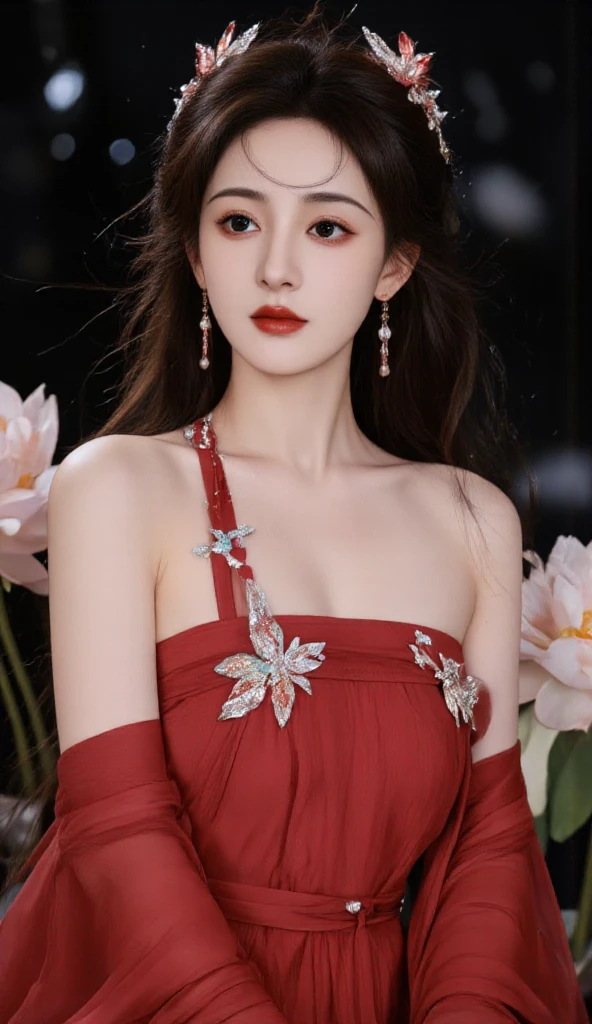 (((best quality))),(((ultra detailed))),(((masterpiece))),illustration,(a stunning girl,solo),(shoulder length straight hair:1.2),((earrings,necklace)),((slim,thin)),((small breasts,flat chest)),(standing:1.3), ((awkwardly,painful,embarrassed)),(In modern high-speed railway carriages:1.3),(white dress splattered with red paint stains:1.3),(surrounded by crowded crowds:1.3),((from front,upper body))