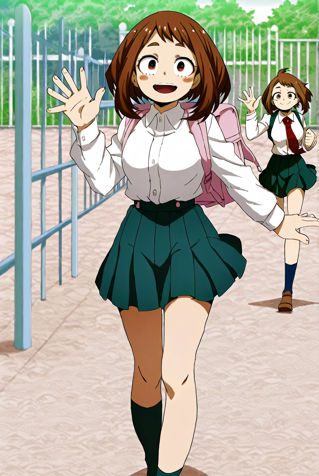 Girl with extremely long brown hair, pink eyes, completely black short skirt, black button down shirt, Katana Rosa, black converse tennis shoes and happy 