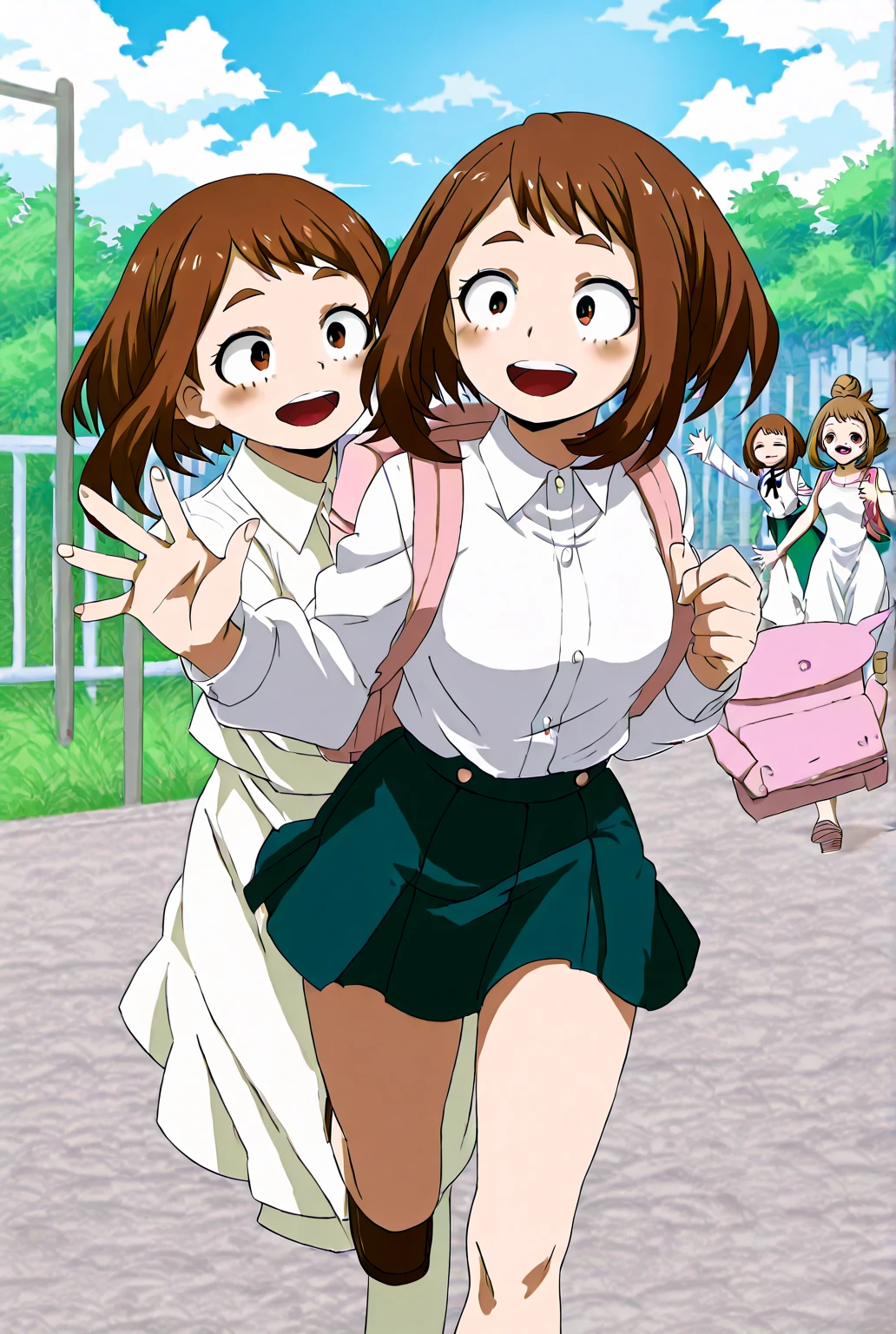 highest quality, Ultra-high resolution, (Realistic: )2D official style cel animation,((２Girls sitting in a row))high school girl、Twin tails、ponytail、White Big Ribbon、Glasses、Red checked mini skirt,summer shirt,Unbutton、(Lace panties、Lace bra),loose socks,sneakers,Full body portrait,(From below),Station stairs,sunny,Spread your legs、from the front、blush、