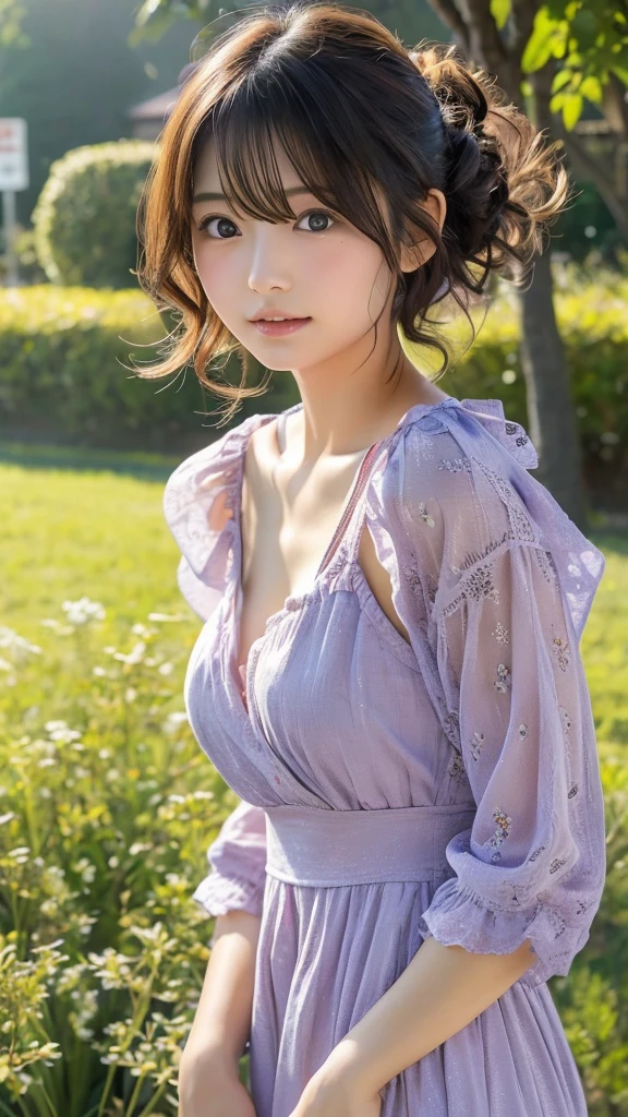 (highest quality:1.5), (Realistic:1.5), (1 person:1.5), (Mid Shot:1.5), Very detailed, High resolution, 8k wallpaper, , Small breasts, Natural color lips, かわいいsmile, Japanese women, 20-year-old girl, Beautiful and elegant face, Perfect and beautiful face, Big eyes, Brunette's eyes, Beautiful and elegant face, Perfect and beautiful double eyelids, Natural Bangs, Beautiful thin nose, Beautiful Skin, Chestnut Hair, Medium Bob Hair, Shortcuts, Natural Bangs, Perfect and beautiful face, Slim face and figure, (Looking at the camera)、(Forward lighting)、smile、morning、Clear skies、grassland、One person is standing、(Cute purple lace micro mini dress with rose floral pattern)、(Outdoor)、Beautiful clavicle、(The navel is visible)、Cleavage、Bright lighting、Professional Lighting、Natural lighting、