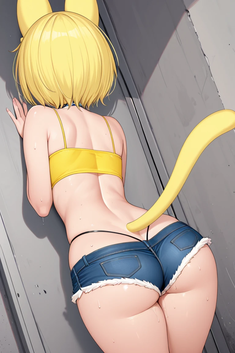 1girl, sexy, flat_boobs, horny, 11yearold blonde slut is wearing slutty shorts and a spaghetti strap, jackopose, lewd, slut, jackopose, top-down bottom-up, crowded carnival, solo focus