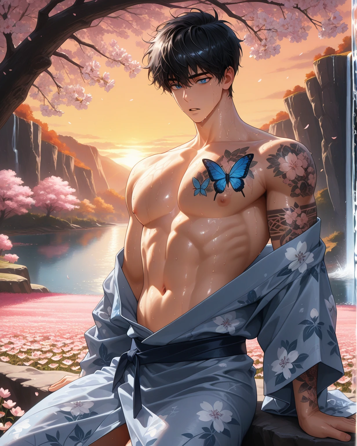 Ultra detailed, HDR, Highres, absurdres, master piece, Fushiguro Touji, black hair, expressive green eyes, Jujutsu Kaisen, bare chest, toned chest, handsome, ice glittering butterflies, ice, petals, pink ice glass flowers, glittering, fantasy, magical, snowflakes, cold, handsome smile, solo, sexy man lying on a bed, black pants, room, bed