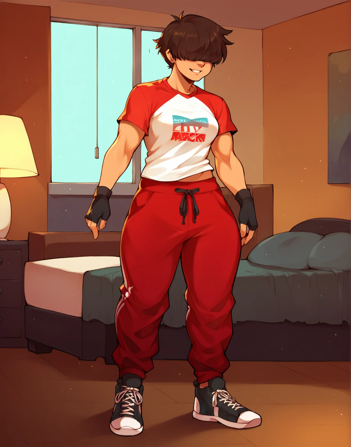 1boy, wolf ears, wolf tail, short red hair, red eyes, slim waist, ultra masterpiece, shirtless, livingroom setting, big thighs, wide hips, sweatpants, soft, young, full body view