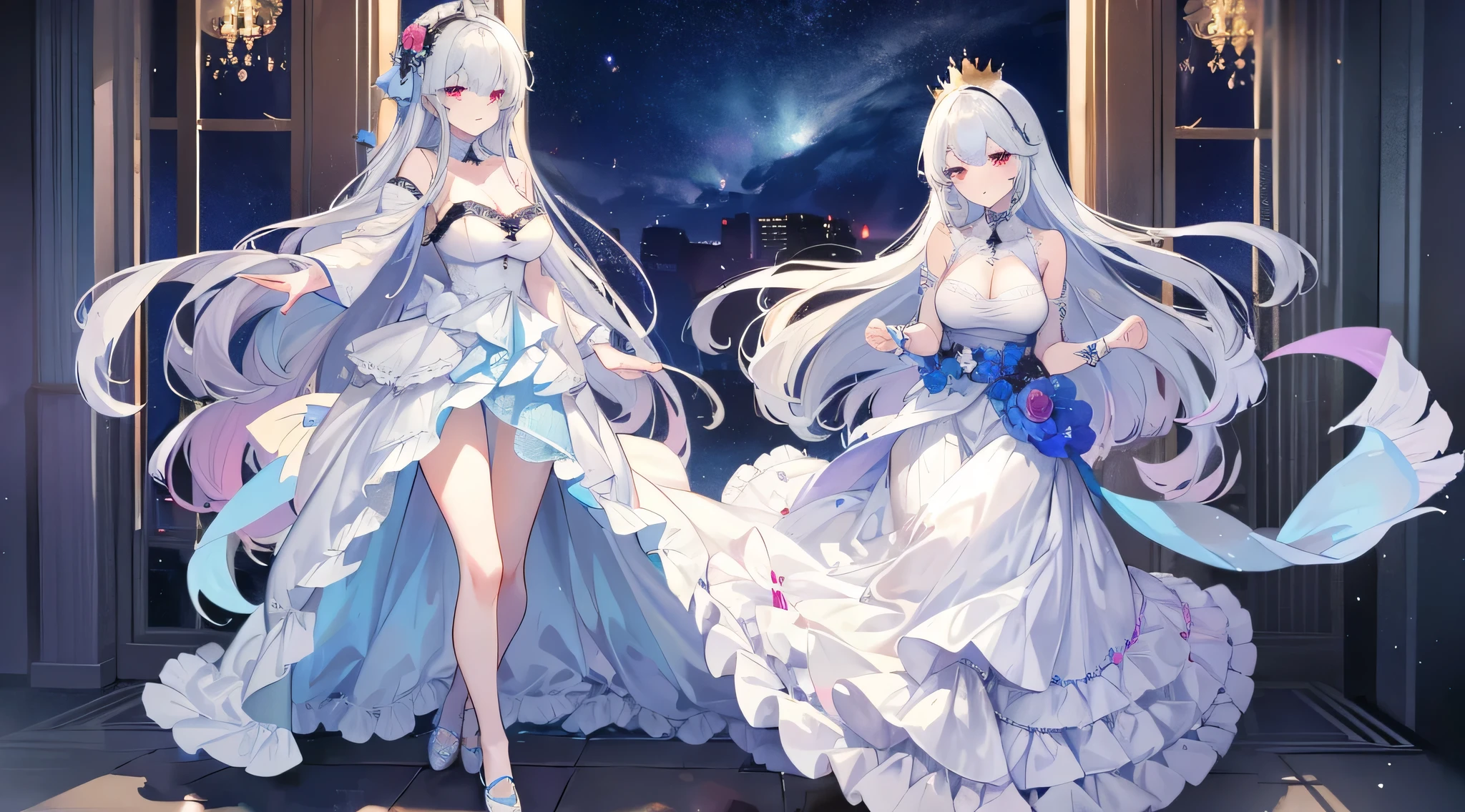 女の子1人、Christmas、nigh sky、Christmas tree、It's snowing、、Too large breasts、cleavage of the breast、white wedding dress and lace cape 、white  hair、Twin-tailed、Fluffy and soft long hair、A sparkling Christmas night、stele々shining brightly、A smile、Golden Eyes、European streets decorated for Christmas、A sexy、Transparent、wedding dress、lace veil and tiara