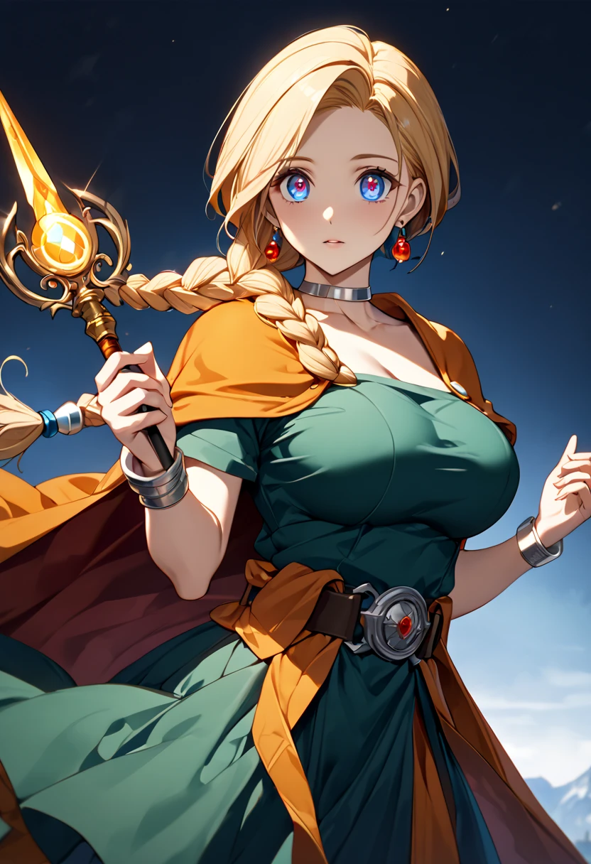 1girl, golden armor, black collar, pauldrons, breastplate, corset, glowing halo, single braid, blonde, yellow glowing eyes, bright pupils, eye focus, red cape,