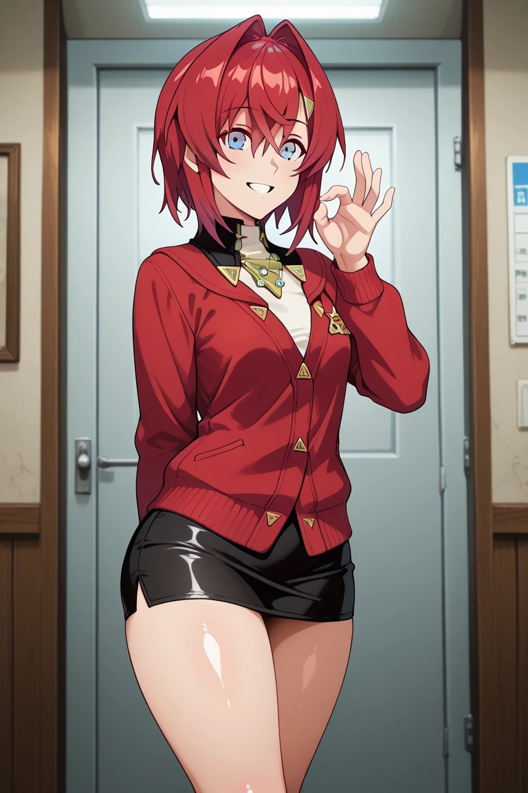 masterpiece, best quality, <lora:lorelei-nvwls-v1-000009:0.9> lgpeLorelei, red hair, ahoge, glasses, formal, black suit, cleavage cutout, black skirt, pantyhose, large breasts, pointing, :D, furrowed brow, standing, high heels, ice rink
