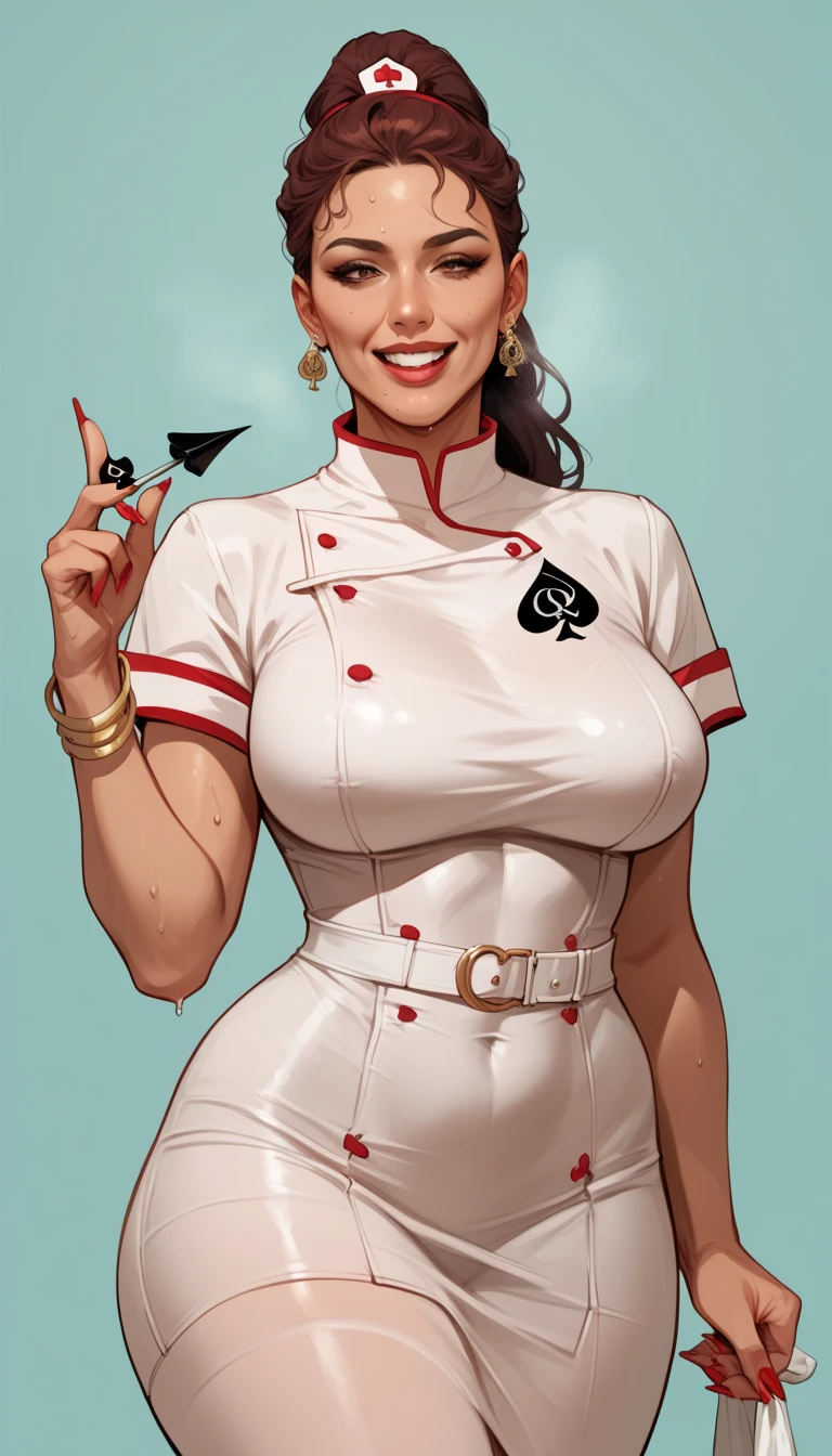 one latin mother milf girl, cartoon, cookin, big smile, vintage, housewife, cuba, mexico, stand up, happy, sexy, maquiagem, covering her breasts, Lips are soft or colored, ruiva, cabelo ruivo, vintage GGA, fundo simples, sexy, vintage fashion, vintage stripes, pinup, pin up, pin up hairstyle, vintage hairstyle, stand up, postura ereta, provocante, happy facial expression, simple lighting and texture, begie background, feet, empowered, comic books, comic strips, and pulp magazines
