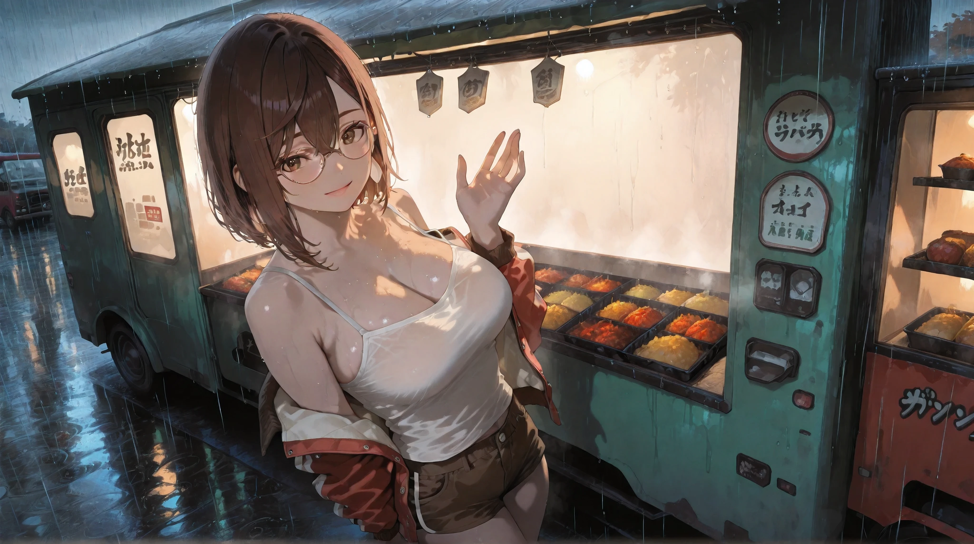 (NSFW:1.1), A Realistic image, extremely sharp focus, crisp details, high resolution, 4K, 8K. (correct anatomy and detailed hand). A wide angle shot, side view, a detailed, high quality rendering of Ayase Momo from Dandadan. She wears beautiful, detailed round eyeglasses, she wears a camisole, varsity jacket and shorts. She has a beautiful large breasts. She has a beautiful face details, a beautiful detailed brown eyes and a real human skin, her expression is happy and she looks at the viewer. She's standing in front of a food truck. Rain, autumn, dramatic cold soft light casting soft natural shadows, cold and warm color pallete. the background has highest detail, detailed background and depth of field.