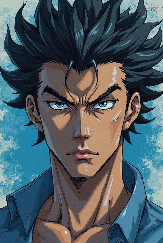 (Jotaro Kujo) Similar style to Araki Hitsuhiko,Enlarge the face,  focuses on the face , Blue highlights,watch the audience, aquarelle, comic strip, Noble youth, Jojo's bizarre adventure 