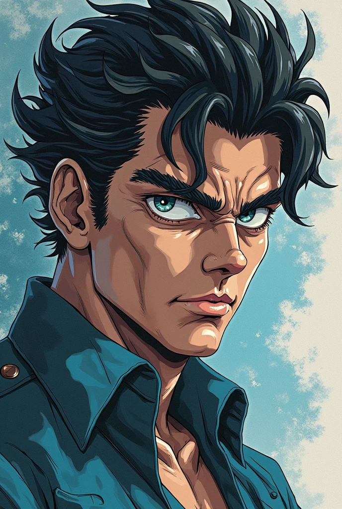 (Jotaro Kujo) Similar style to Araki Hitsuhiko,Enlarge the face,  focuses on the face , Blue highlights,watch the audience, aquarelle, comic strip, Noble youth, Jojo's bizarre adventure 